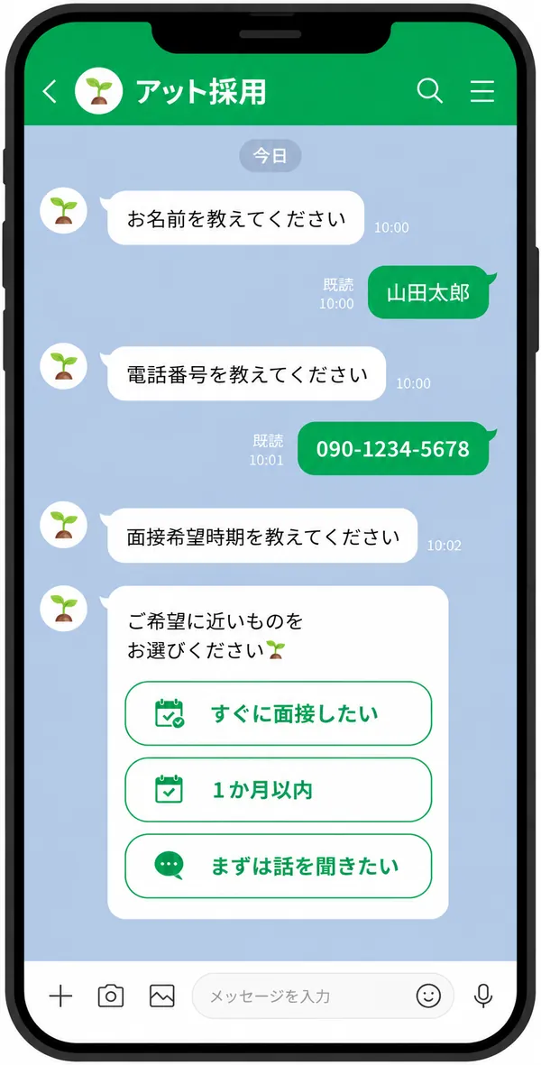 AIが氏名・連絡先・希望時期をLINEで聞き取る画面