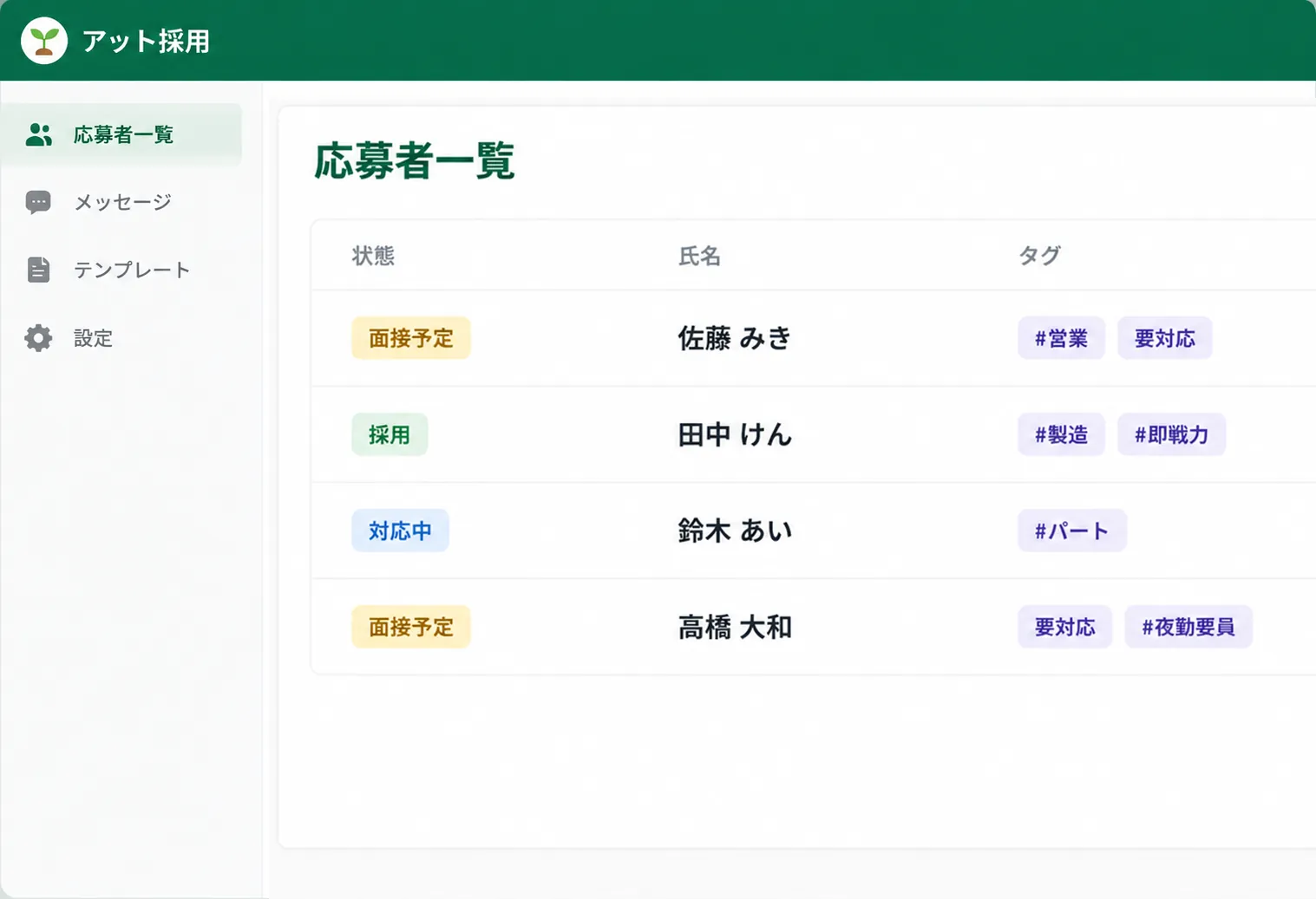 応募者一覧の管理画面。状態・氏名・タグが並ぶ